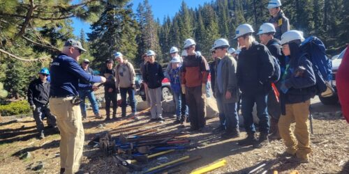 TRTA Volunteers meet with a Scouts of America troop to start working on a trail rehabilitation project near Castle Rock at Lake Tahoe along the Tahoe Rim Trail.