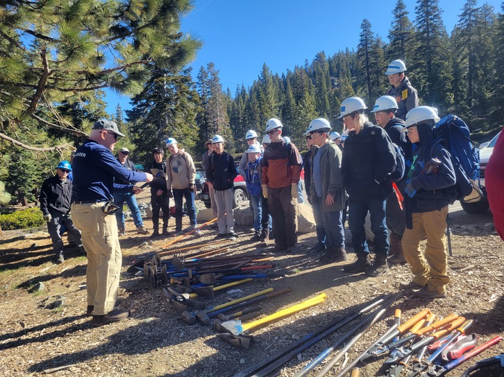 TRTA Volunteers meet with a Scouts of America troop to start working on a trail rehabilitation project near Castle Rock at Lake Tahoe along the Tahoe Rim Trail.