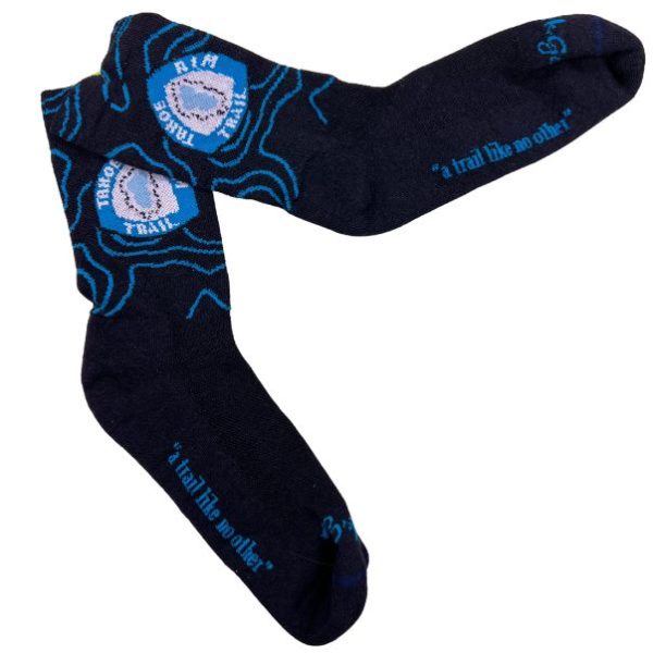 Navy wool socks with Tahoe Rim Trail logo