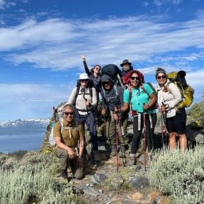 Group photo of backpackers on the Tahoe Rim Trail during a Taste of the TRT guided hike