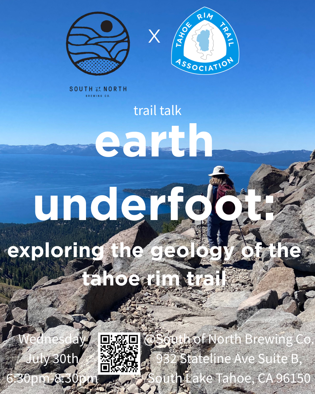 Trail-Talk-Earth-Underfoot-Exploring-the-Geology-of-the-Tahoe-Rim-Trail advertisement for trail talk about geology happening July 30th 6:30pm